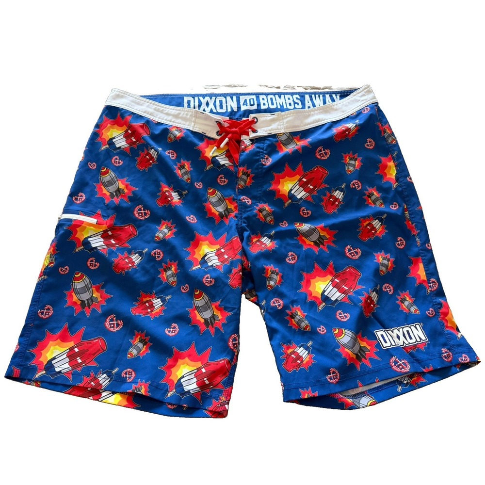 Dixxon Bombs Away Board Shorts Mens 40 Graphic 10" Performance Swim Trunks Blue